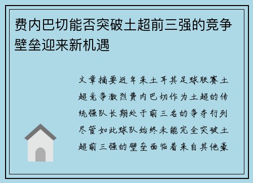 费内巴切能否突破土超前三强的竞争壁垒迎来新机遇 费内巴切能否突破土超前三强的竞争壁垒迎来新机遇
