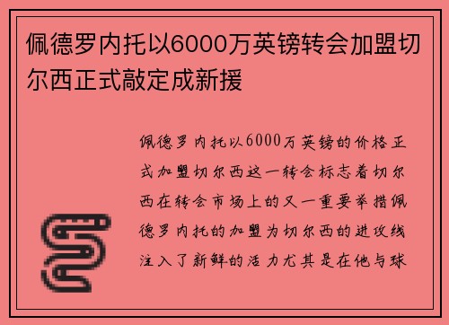 佩德罗内托以6000万英镑转会加盟切尔西正式敲定成新援 佩德罗内托以6000万英镑转会加盟切尔西正式敲定成新援